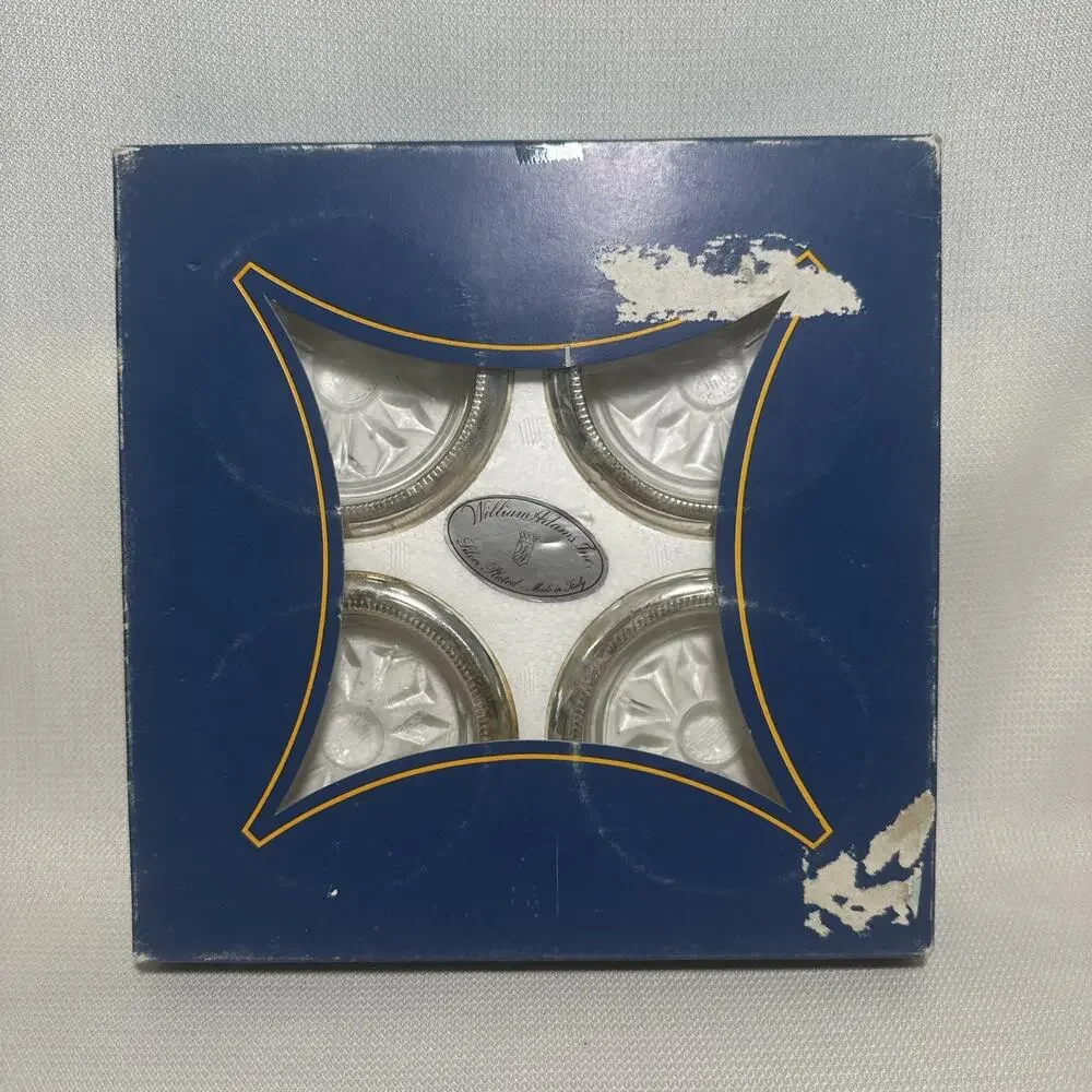 Coasters Boxed Set of 4 William Adams 1960's, Silver Plated, Made in Italy